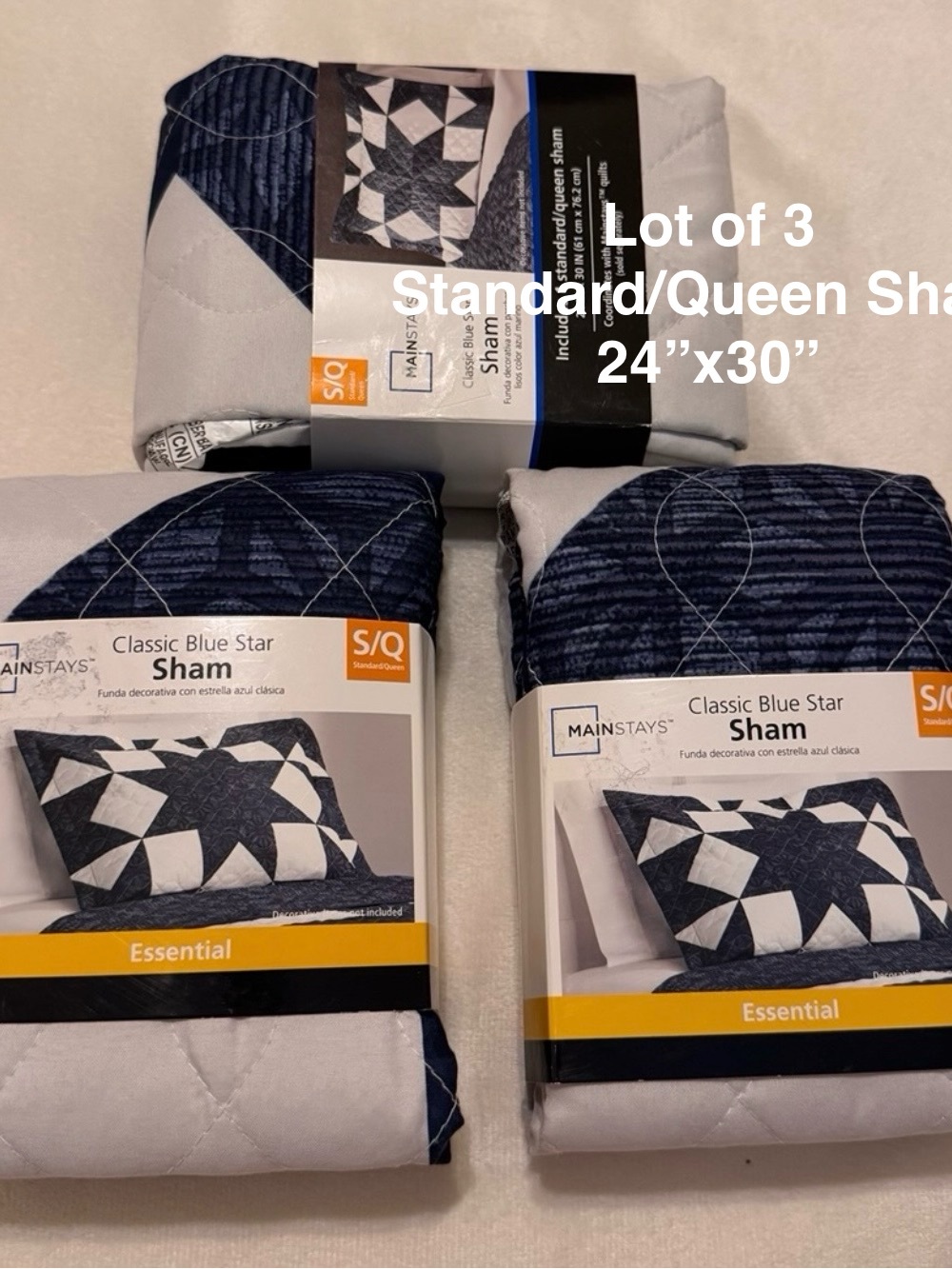 Mainstays Classic Blue Star Quilt Sham, Standard/Queen, 1 pack, Lot of 3